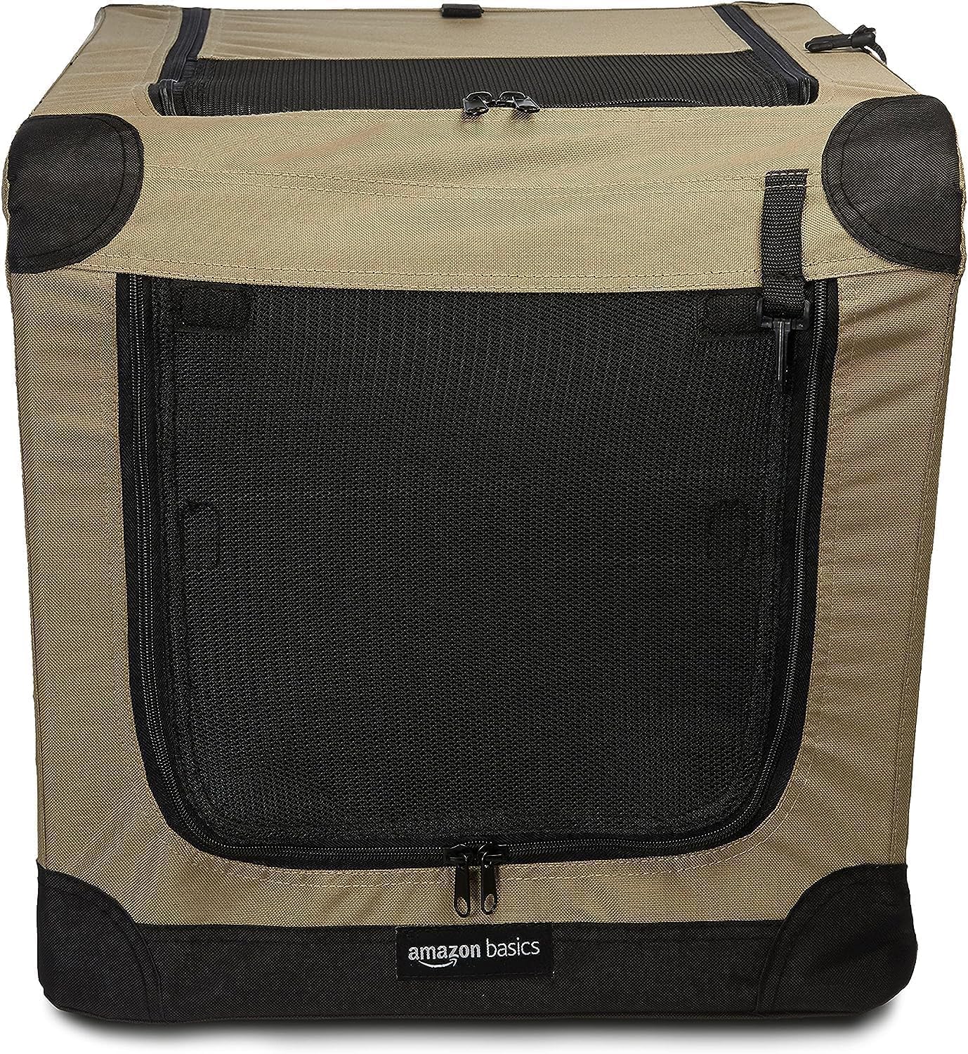 Amazon Basics Portable Folding Soft Dog Crate, 2-Door, Collapsible Travel Kennel, Top & Front Loading, Small 26" x 18" x 18", Tan