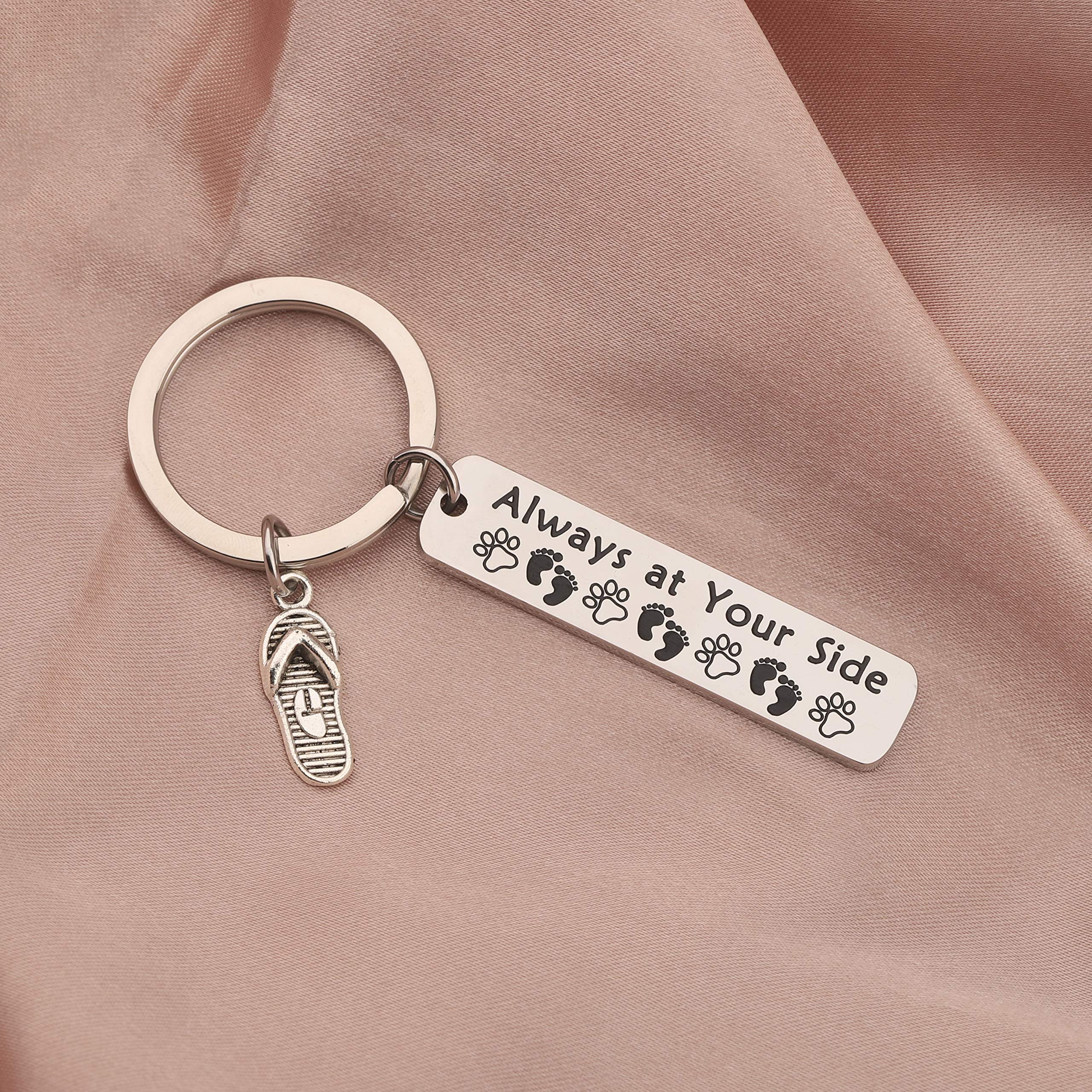 BEKECH Beach Lover Gift Dog Lover Gift Always at Your Side Paw Print Flip Flop Shoes Charm Keychain Sandy Feet Beach Jewelry Vacation Gift for Dog Lover(silver)