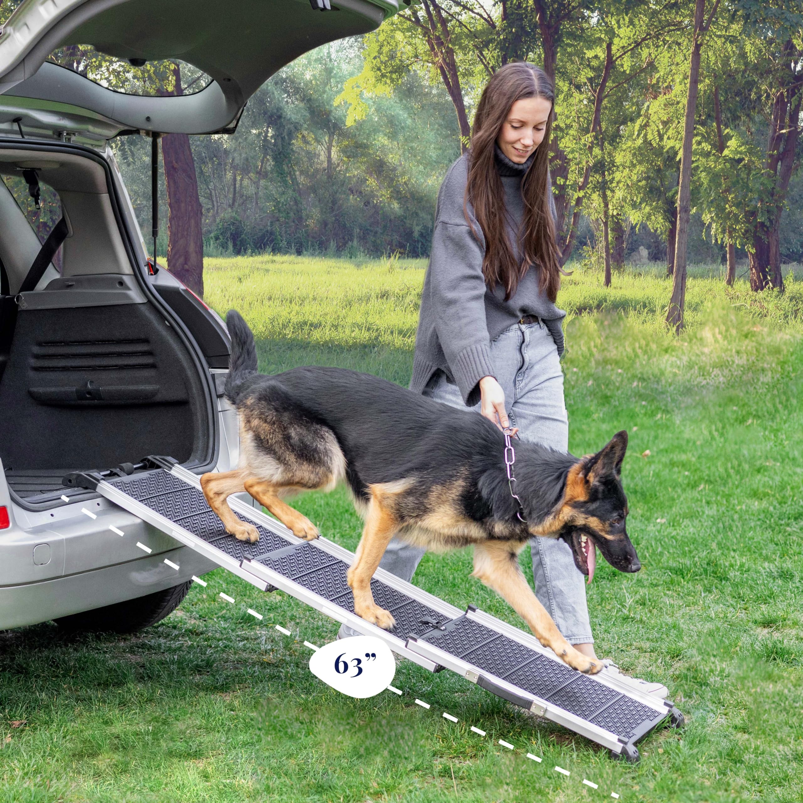 Dog Ramp for Car - Anti-Slip Dog Car Ramp for Large Dogs SUV - Stable 250LBS Capacity - Telescoping Pet Ramp for Car - Portable - Night Safety Reflective Sides - Fixing Clip - Black